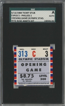 1984 Pete Rose 4,000th Career Hit Ticket Stub From 4/13/84 Game At Olympic Stadium (SGC)